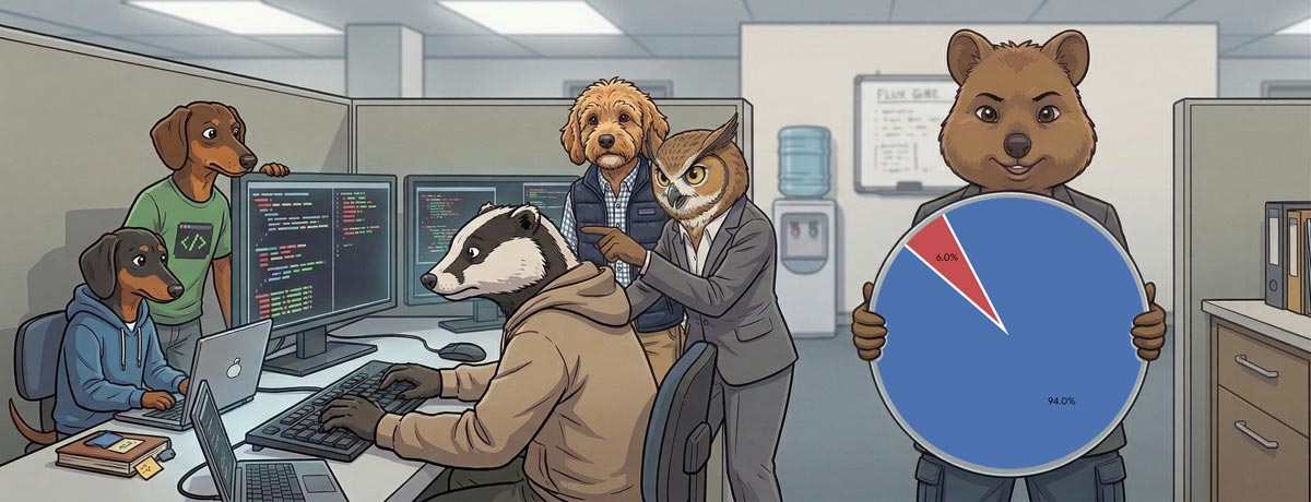 A comic illustration of an office. On the right, a quokka holds a large pie chart divided into 94% and 6%. On the left, a badger, an owl, and three dogs collaborate intensely around a dual-monitor engineering workstation.
