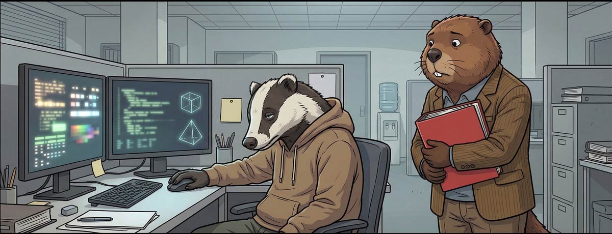 A badger in a hoodie working intensely at two monitors while a beaver in a suit hovers directly behind him, clutching a red folder and observing.