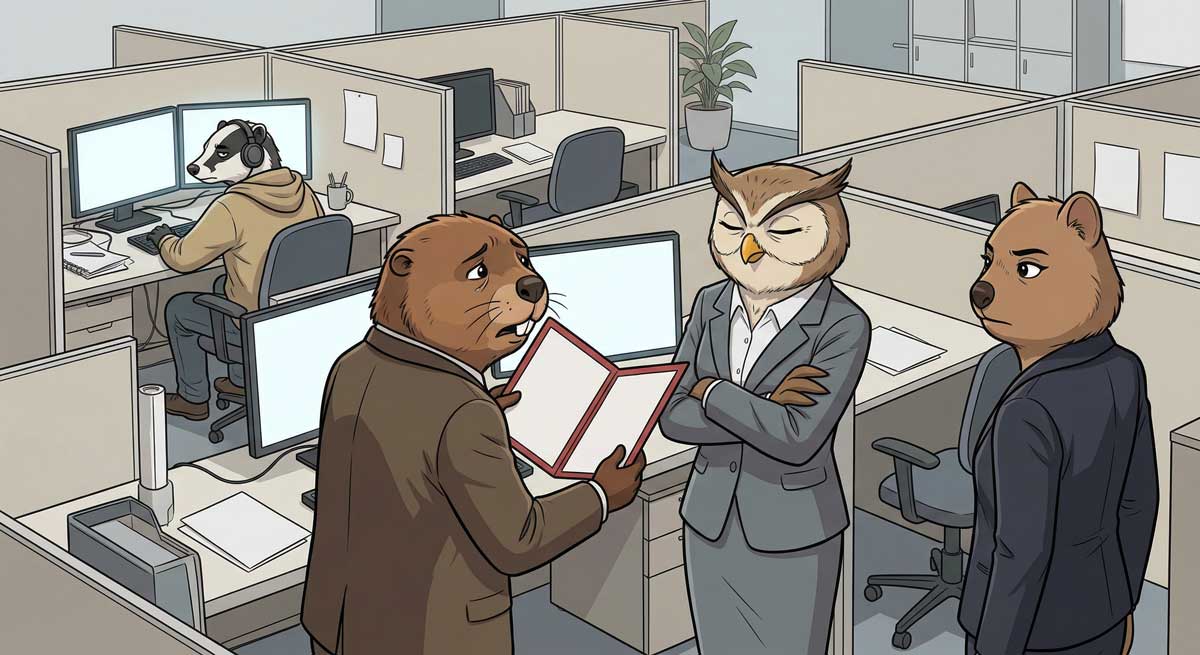 An owl in a suit crosses her arms, refusing to look at a red appraisal folder held by an anxious beaver.