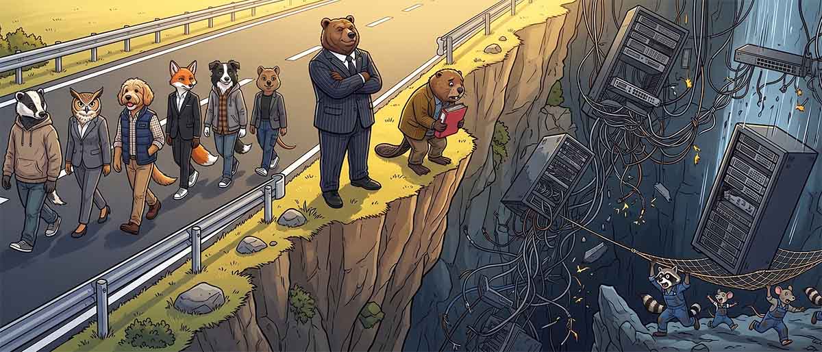 Eine Comic-Illustration einer makellosen Straße, die abrupt an einer steilen Klippe endet. Oben in der Sonne spazieren ein Corporate-Bär und verschiedene Tier-Ingenieure entspannt davon. Unten im Dunkeln versuchen panische Operations-Mitarbeiter, herabstürzende Server und Kabelsalat mit einem winzigen Netz aufzufangen.