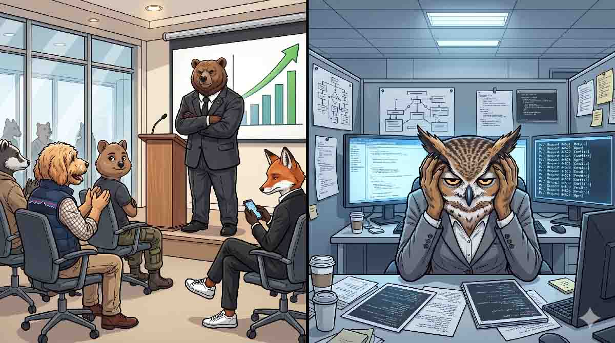 Split panel: Left, Dr. Lehmann presents AI velocity metrics in a boardroom. Right, Sarah slumps exhausted over a flooded review queue.