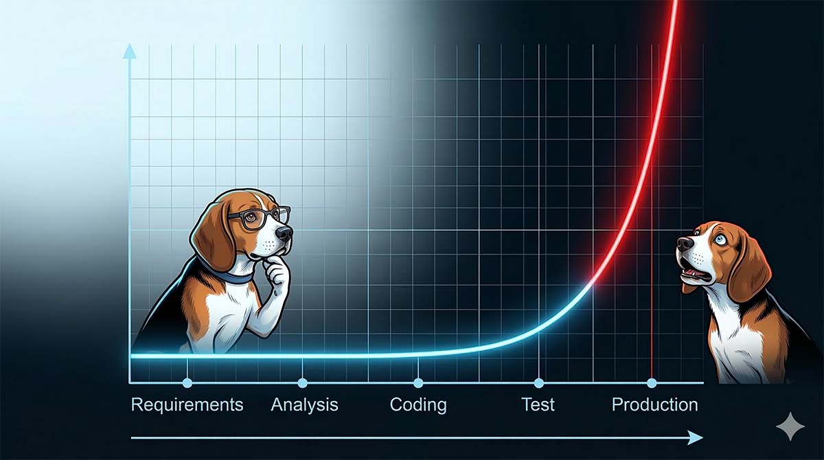 Boehm's Cost of Change curve showing exponential cost increase from planning to production