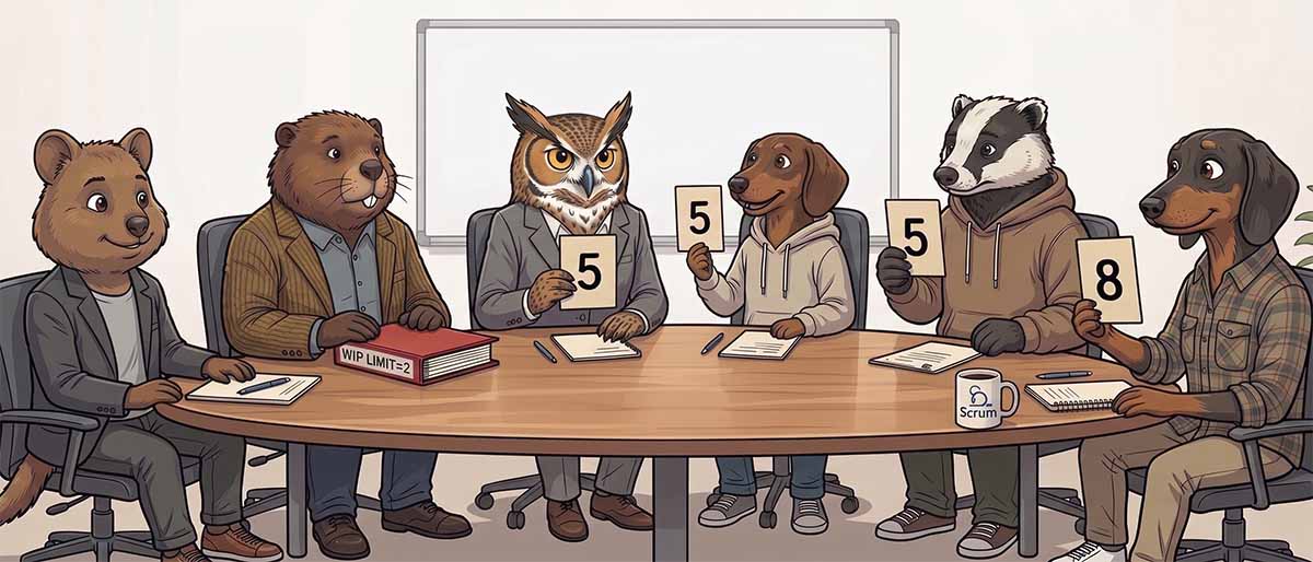 A group portrait of eight anthropomorphic animal figures. Four figures in an Agile poker game lift number cards. Three show a '5', and one dachshund figure shows an '8', illustrating conformity pressure in a linear arrangement. Two figures on the left observe the scene thoughtfully from the side.