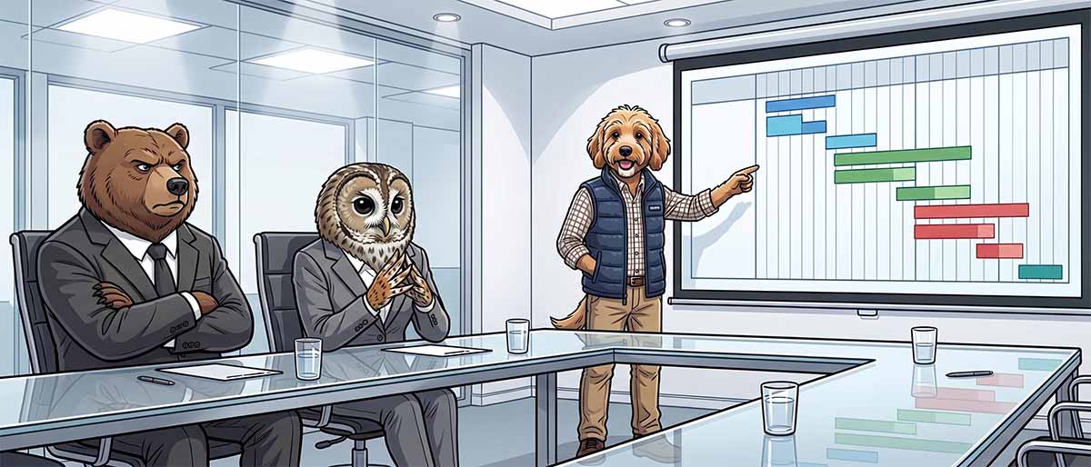 Ein Golden Doodle in Steppweste und Holzfällerhemd steht in einem hellen Konferenzraum und zeigt auf ein Gantt-Diagramm auf einer Leinwand. Am Tisch sitzen ein Braunbär im dunklen Anzug mit skeptisch verschränkten Armen und eine Eule im grauen Hosenanzug mit nachdenklich gefalteten Händen.