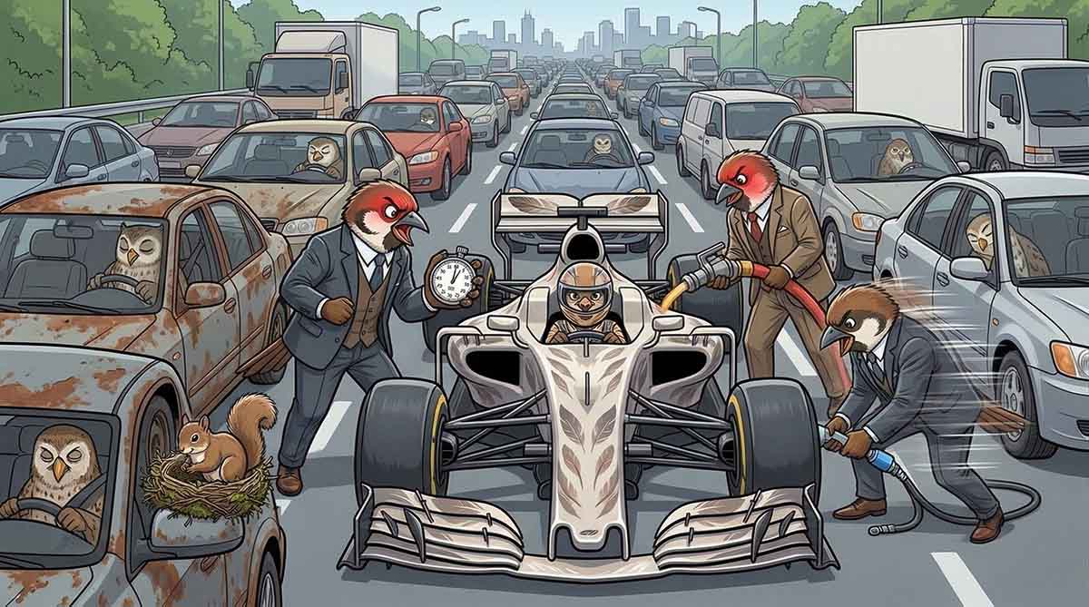 Illustration des Flusseffizienz-Paradoxons: Eine extrem hochoptimierte und hektische Phase aktiver Arbeit, die völlig nutzlos am Ende einer gigantischen, stillstehenden Warteschlange feststeckt.