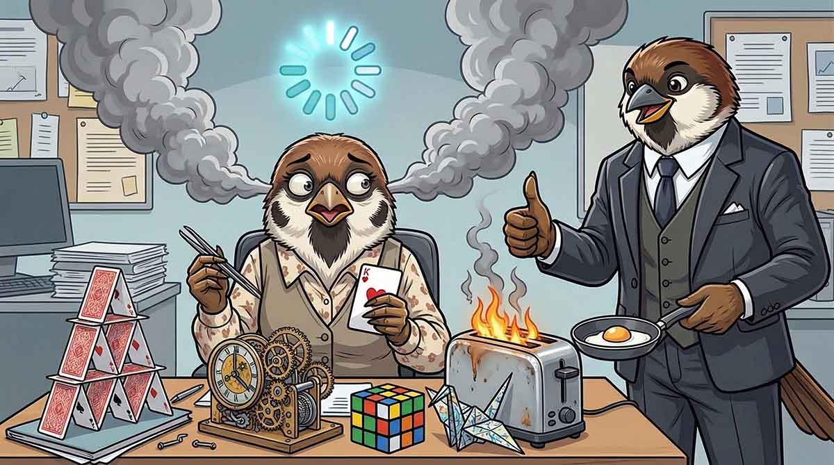 Illustration eines kognitiven Systemabsturzes: Das Development ist durch den Versuch, völlig unterschiedliche komplexe mentale Modelle gleichzeitig zu laden, komplett eingefroren, während das Management blind weitere parallele Aufgaben hinzufügt.